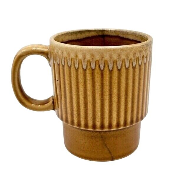 2/$15 Vintage Drip Glaze Fluted Mug Brown 3.5" Stackable Round Cup Made in Japan - Picture 4 of 10